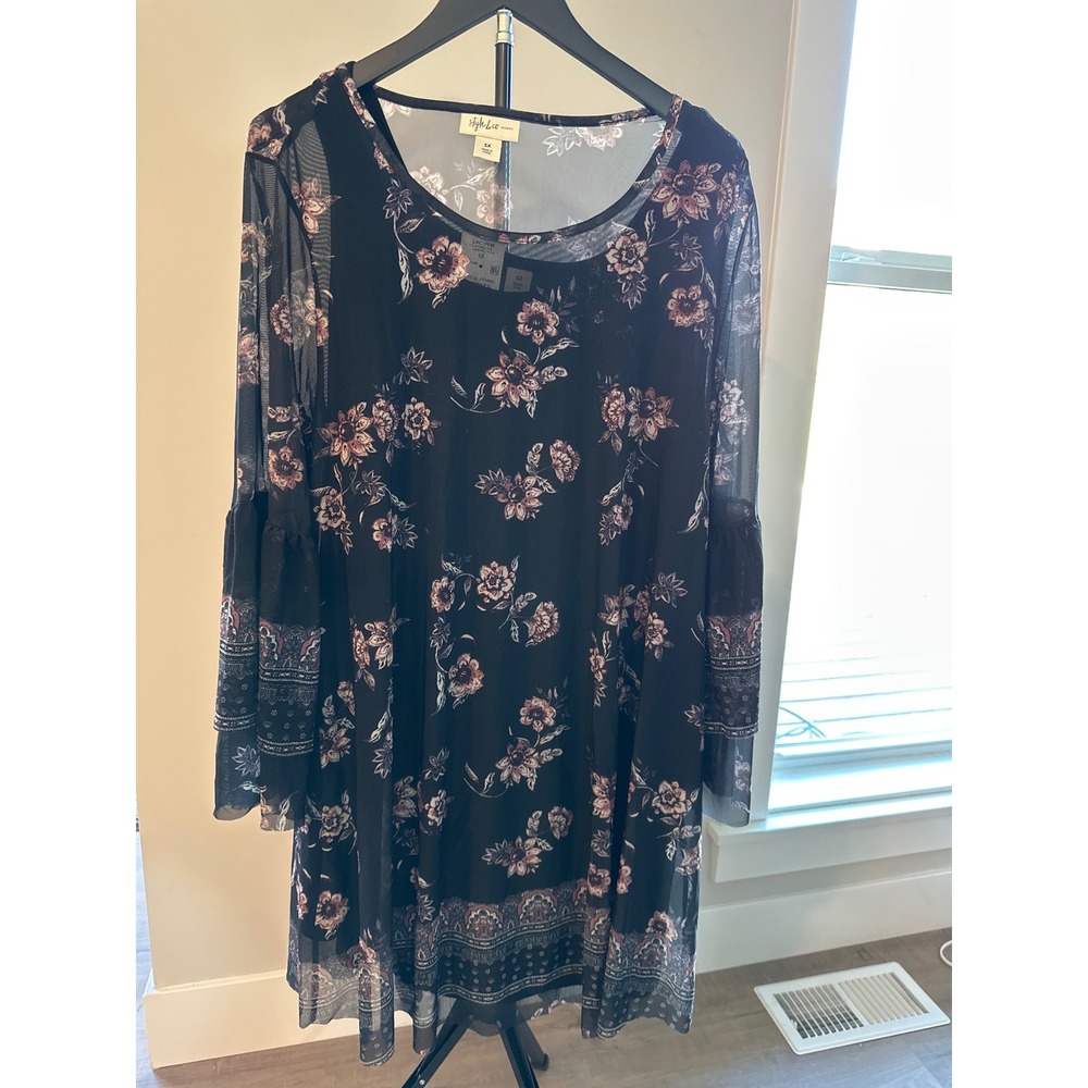 NWT Style & Co Garden Falls Floral Mesh Bell Sleeve Dress Black 1X Macy's